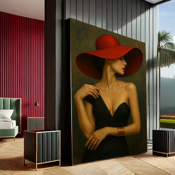 Elegant Woman Red Hat Black Dress Modern Portrait Painting Art Poster