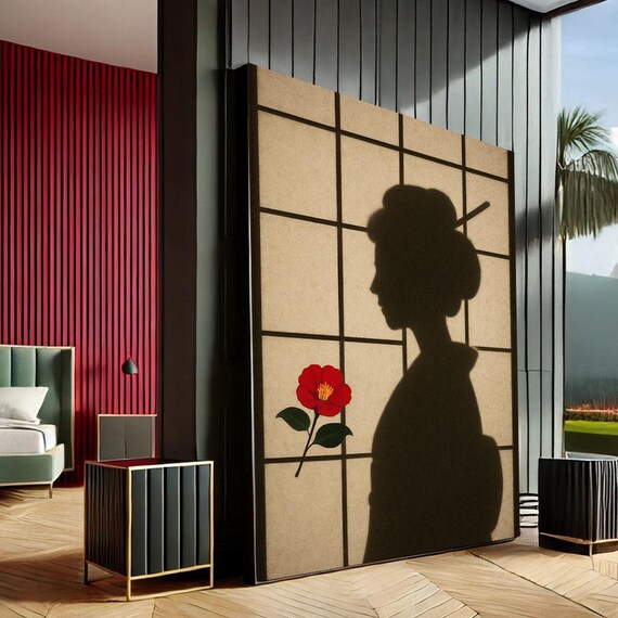 Japanese Geisha Shadow Canvas Wall Art Print Minimalist Zen Living Room Decor Ready To Hang