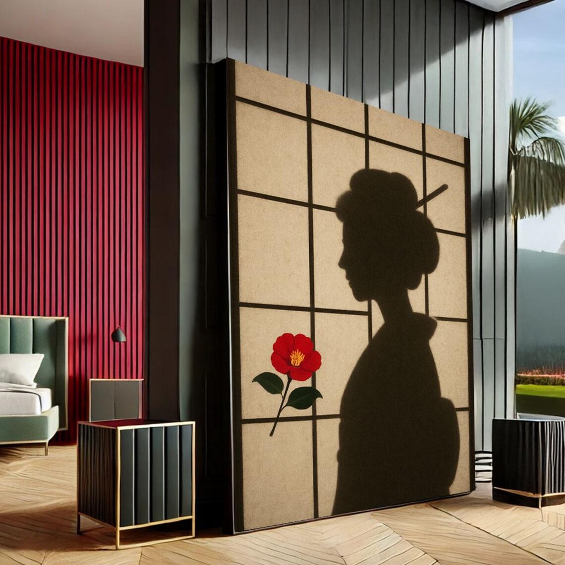 Geisha Silhouette Shoji Screen Red Camellia Minimalist Poster Art