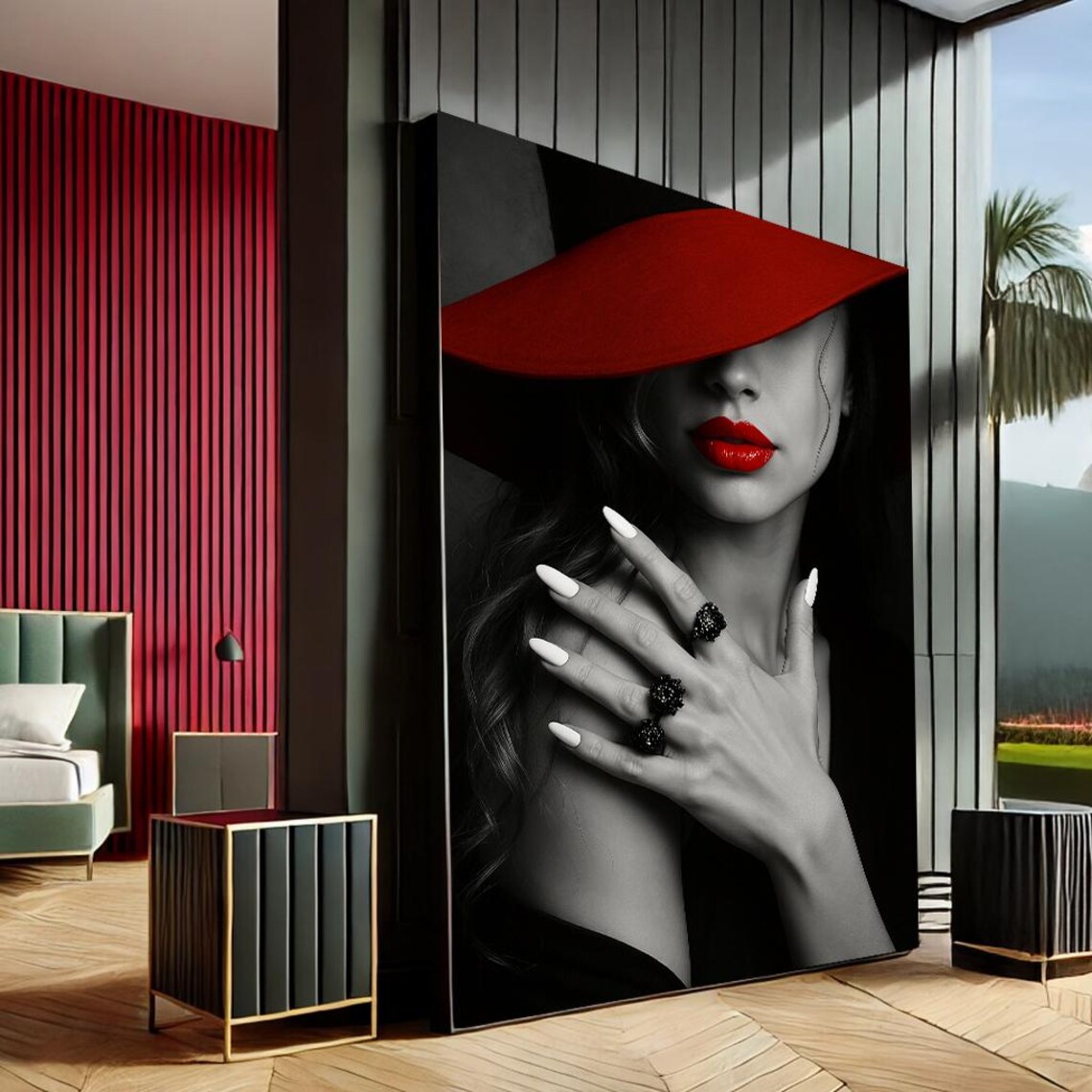 Elegant Woman Red Hat Black White Fashion Glamour Portrait Poster