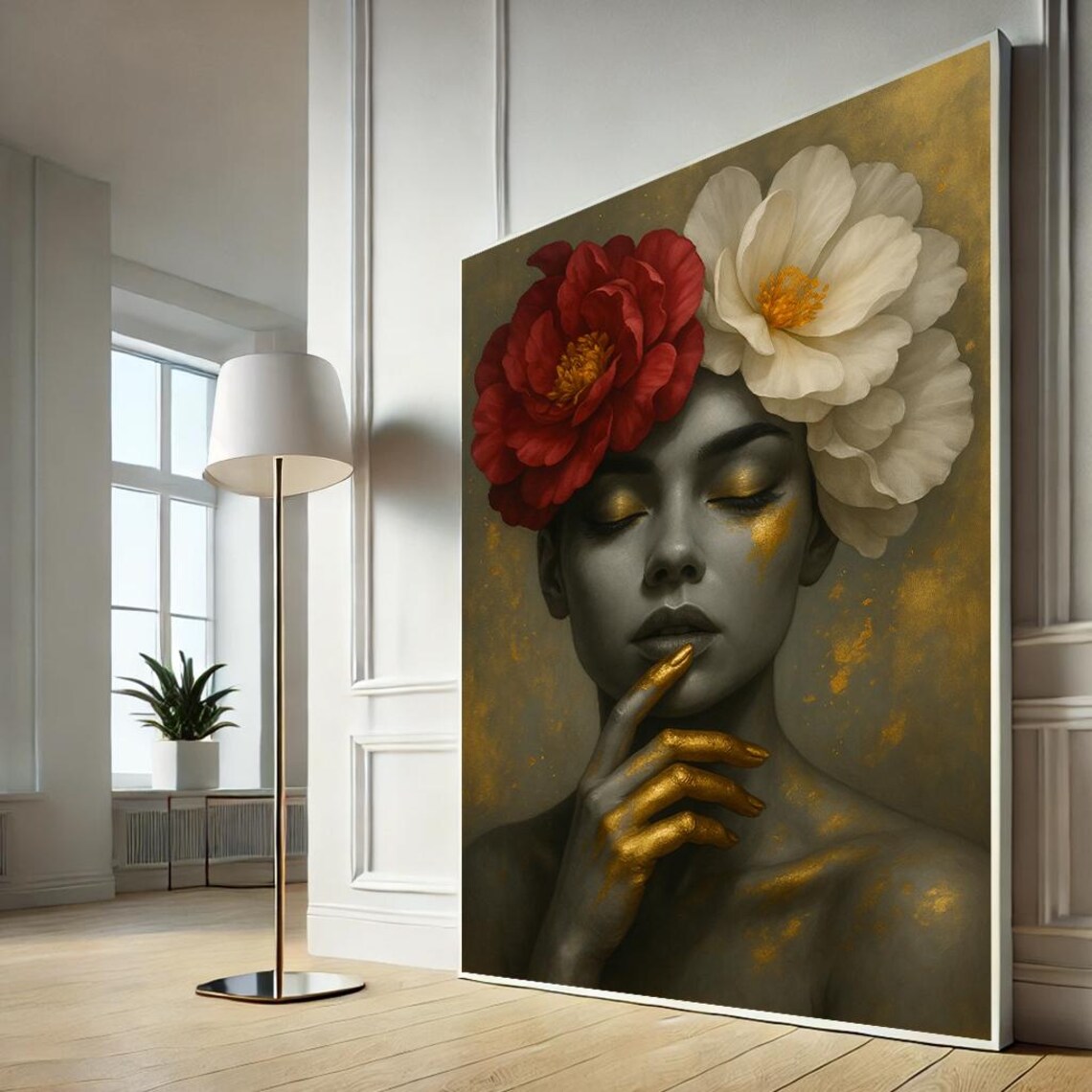 Majestic Woman Floral Headdress Gold Accents Modern Portrait Poster