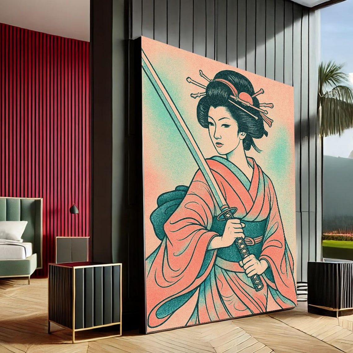 Geisha Warrior Katana Vintage Duotone Japanese Illustration Art Print