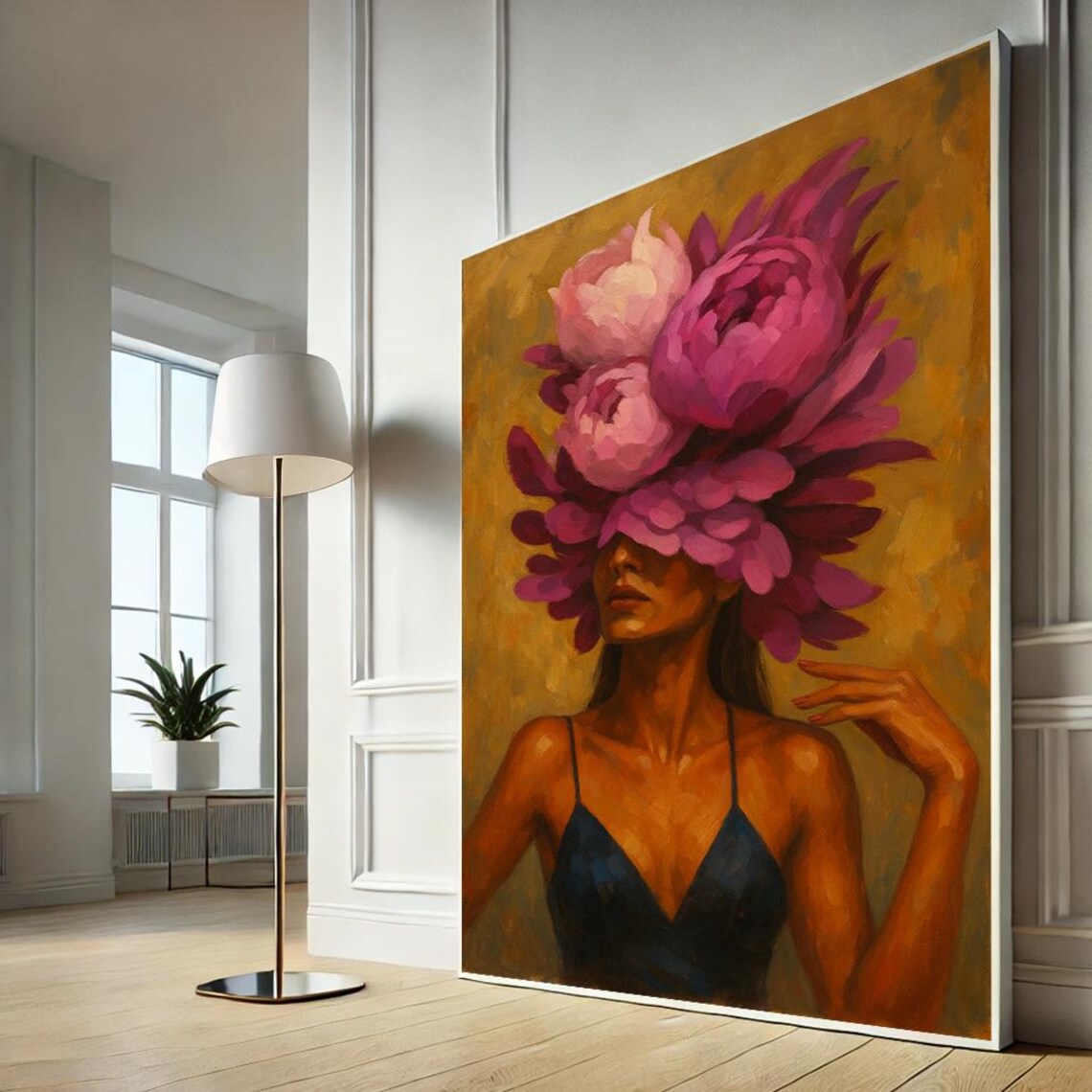 Whimsical Woman Pink Peony Headdress Surreal Portrait Poster