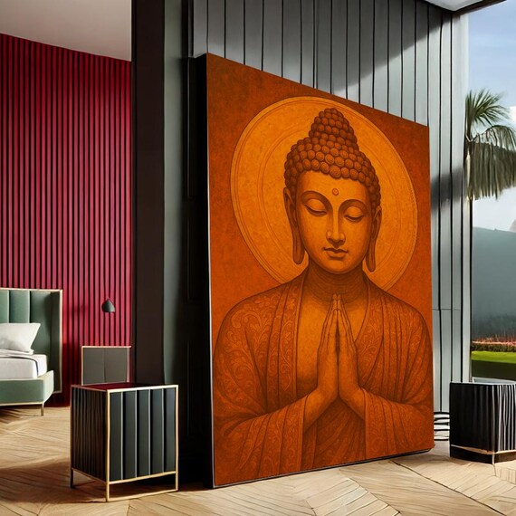Serene Buddha Modern Canvas Wall Art Print Warm Orange Bedroom Decor Ready To Hang