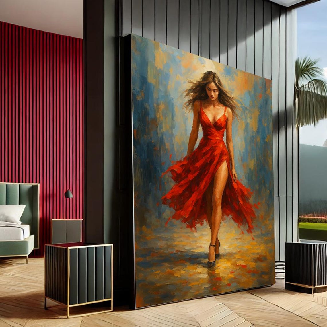 Woman Red Dress Wind Blown Painterly Romantic Modern Canvas Art Poster