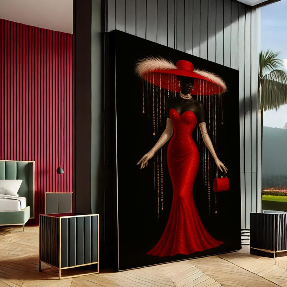 Elegant Lady in Red Gown with Feathered Hat Fashion Canvas Print