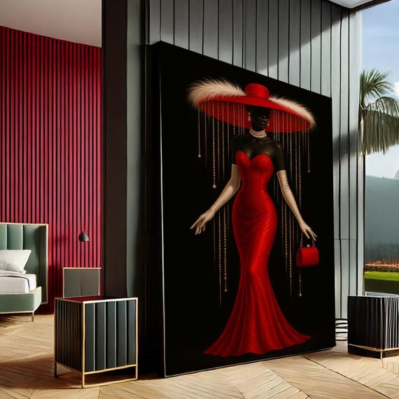Elegant Woman In Red Modern Canvas Wall Art Print Bold Black Living Room Decor Ready To Hang