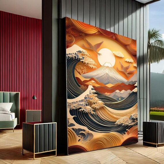 Hokusai Great Wave Layered Paper Cranes Mount Fuji Ocean Print