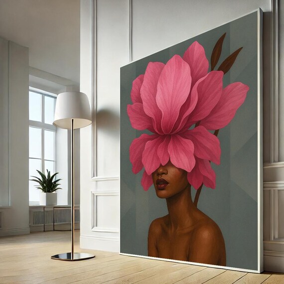 Black Woman Giant Pink Flower Headdress Modern Floral Portrait Poster