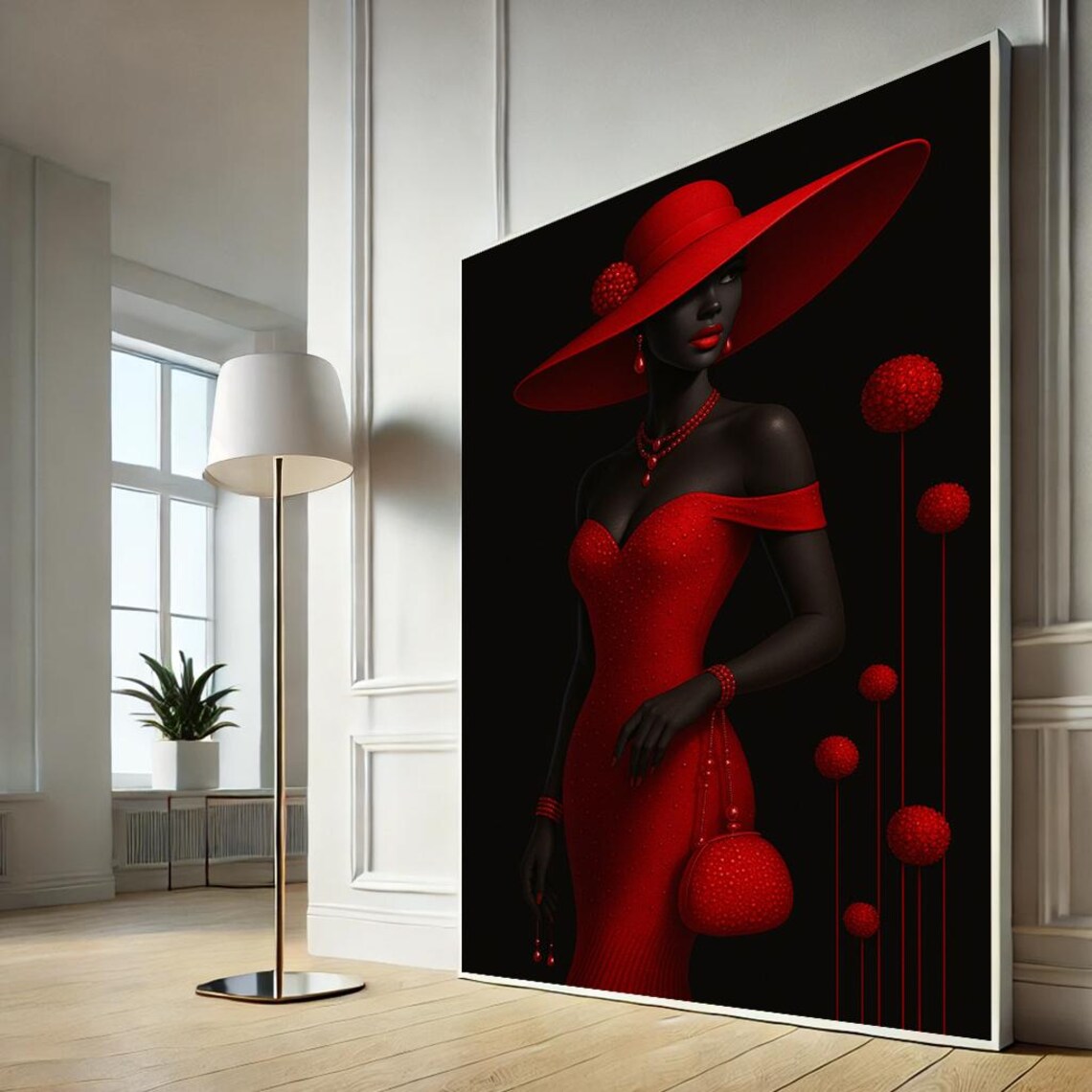 Elegant Lady Red Gown Wide Brim Hat Black Fashion Art Poster