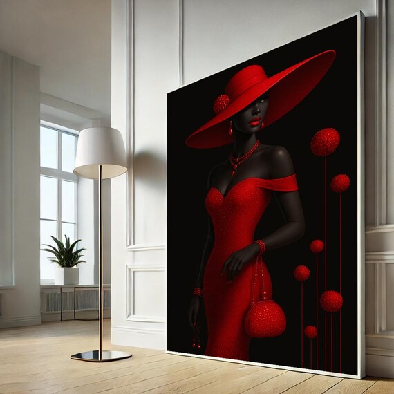Elegant Lady Red Gown Wide Brim Hat Black Fashion Art Poster