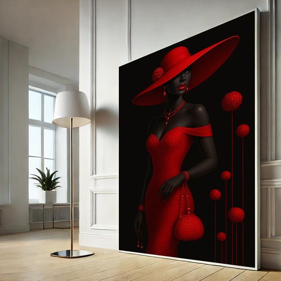 Elegant Woman In Red Dress Modern Canvas Wall Art Print Black Living Room Decor Statement Piece