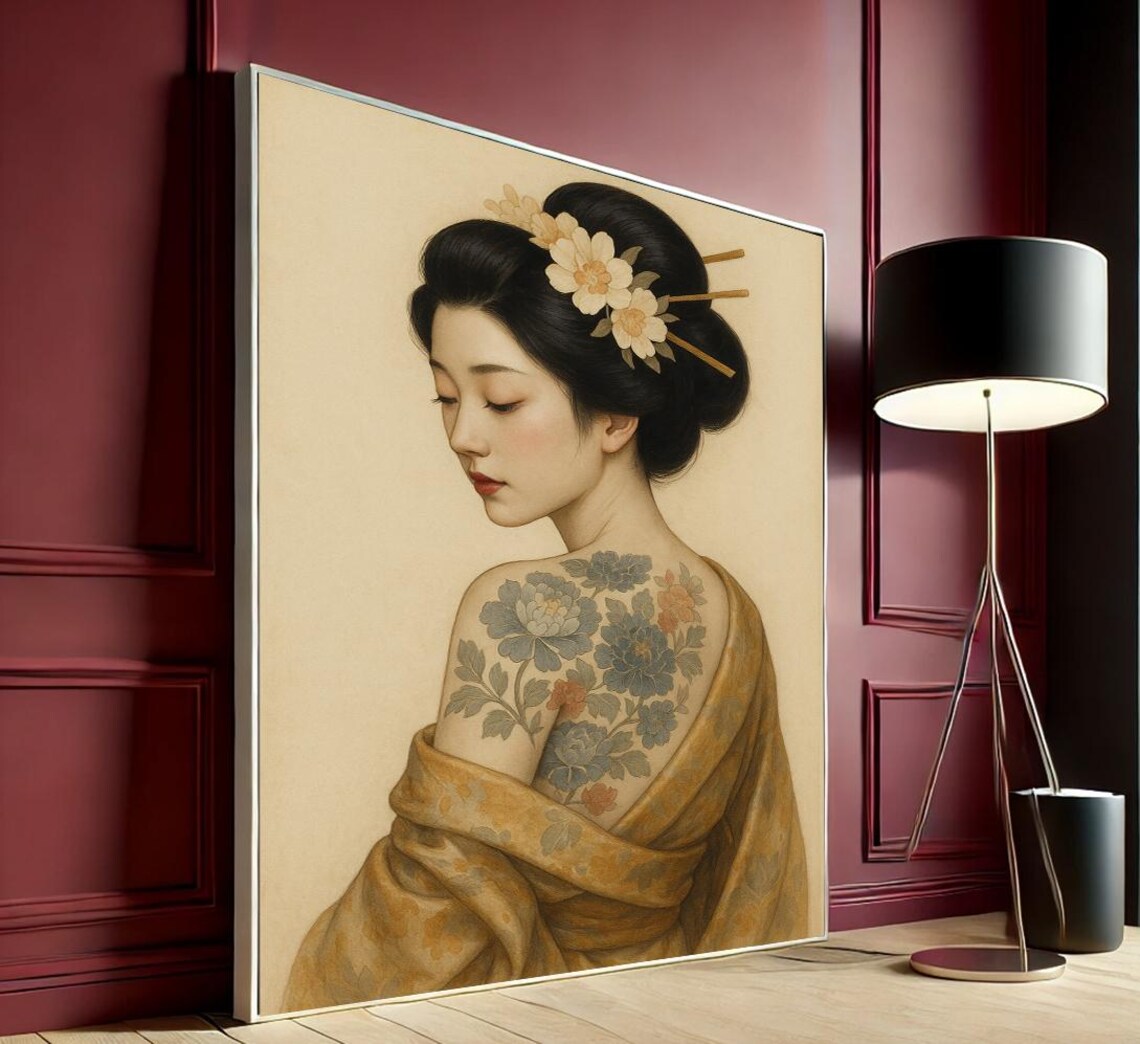 Elegant Geisha Floral Back Tattoo Kimono Japanese Beauty Art Print
