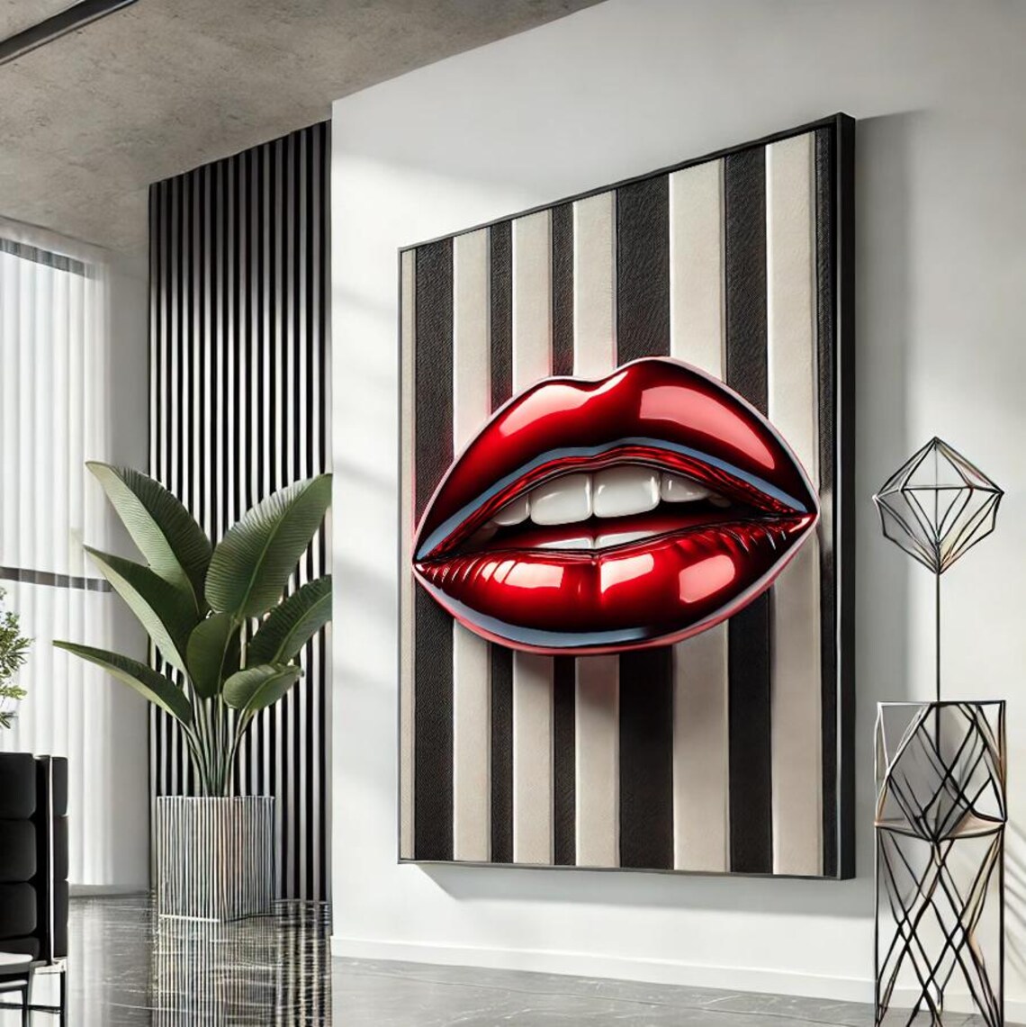 Glossy Red Lips Pop Art Beige Black Stripe Glam Fashion Statement Wall Art