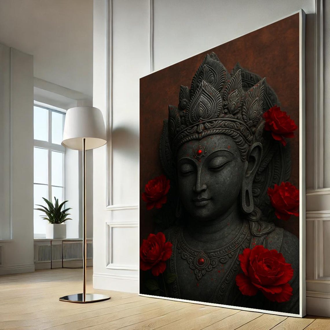 Dark Buddha Statue With Deep Red Roses Spiritual Zen Wall Poster