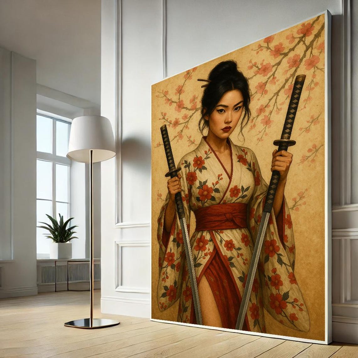 Samurai Woman With Katanas Cherry Blossom Japanese Warrior Wall Art