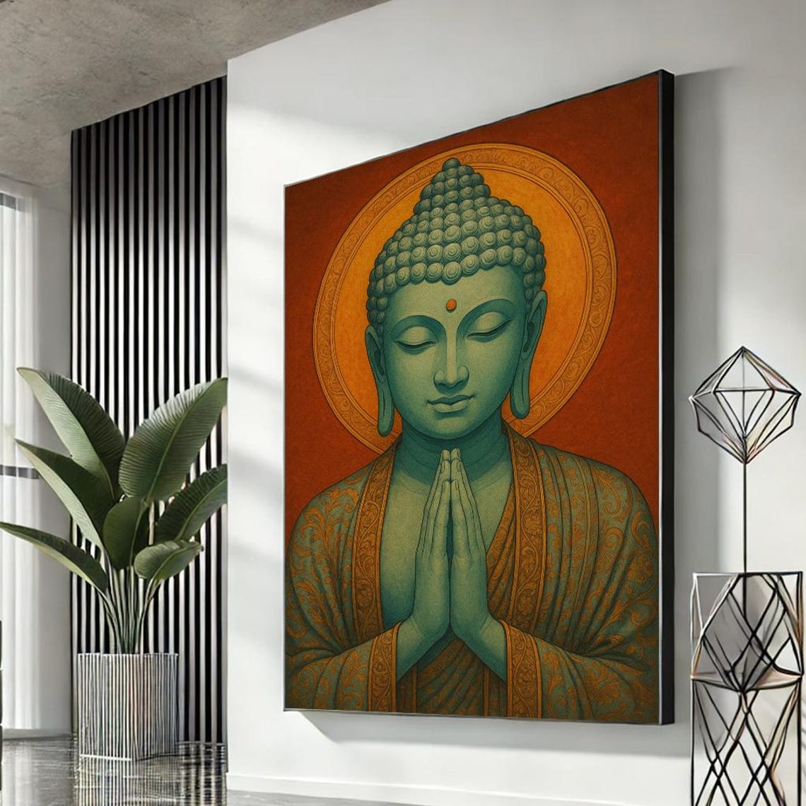 Serene Green Buddha Prayer Hands Orange Spiritual Zen Wall Poster
