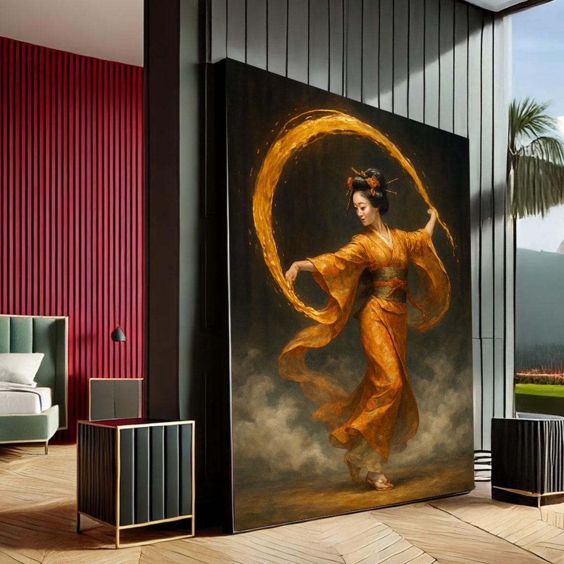 Geisha Golden Flame Dance Flowing Kimono Elegant Canvas Wall Art