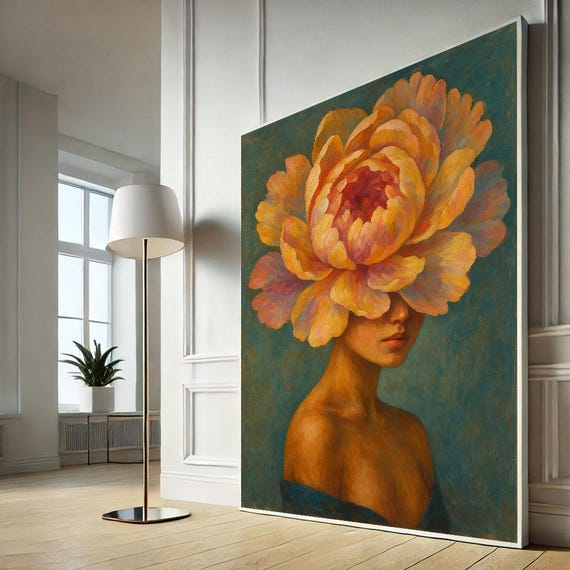 Elegant Floral Woman Portrait Canvas Wall Art Abstract Bedroom Decor Statement Piece