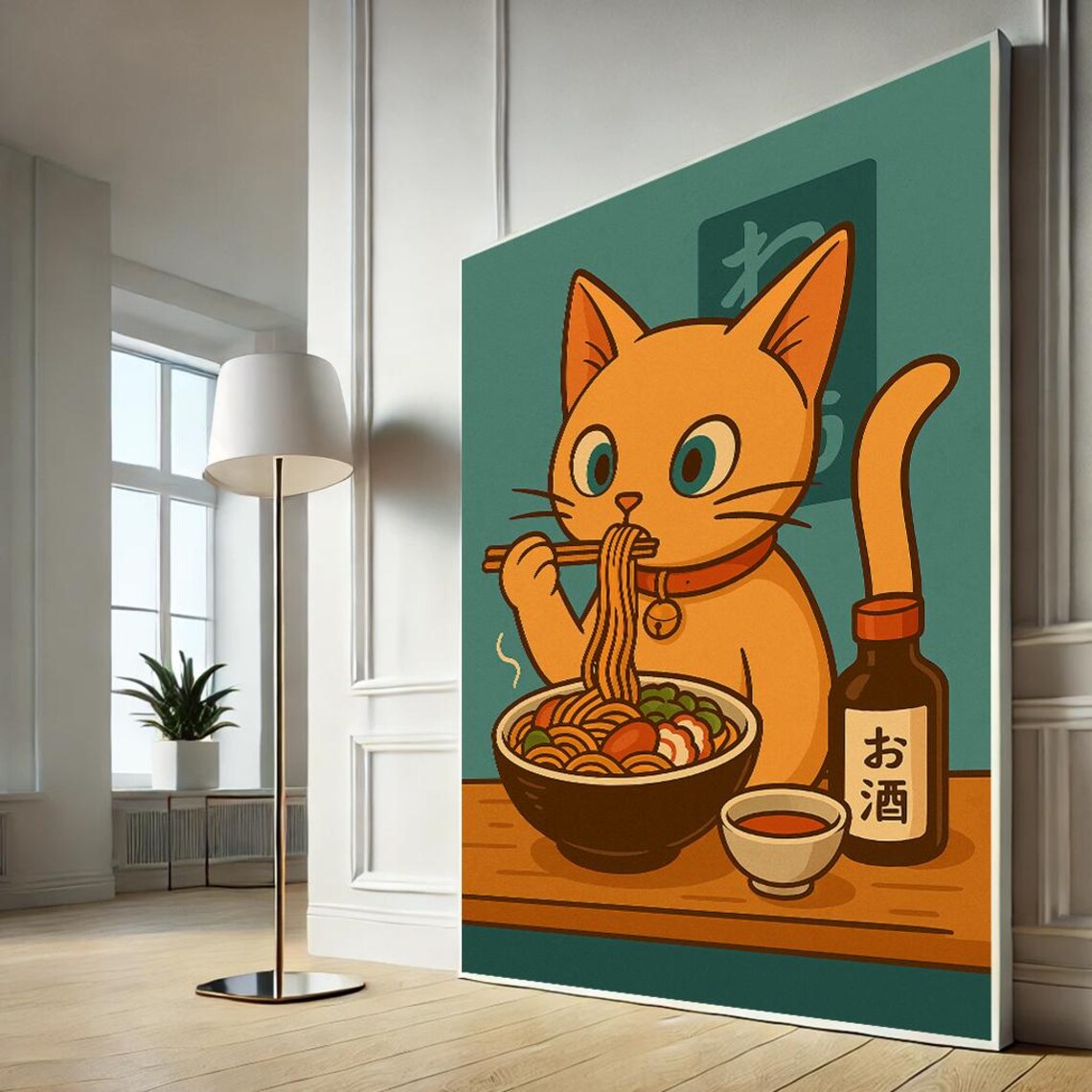 Cat Eating Ramen Whimsical Japanese Kitchen Funny Animal Art Poster