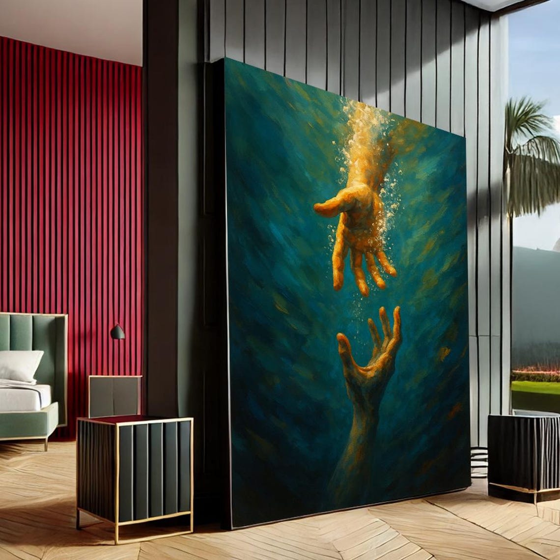 Two Reaching Hands Teal Gold Abstract Connection Hope Art Poster