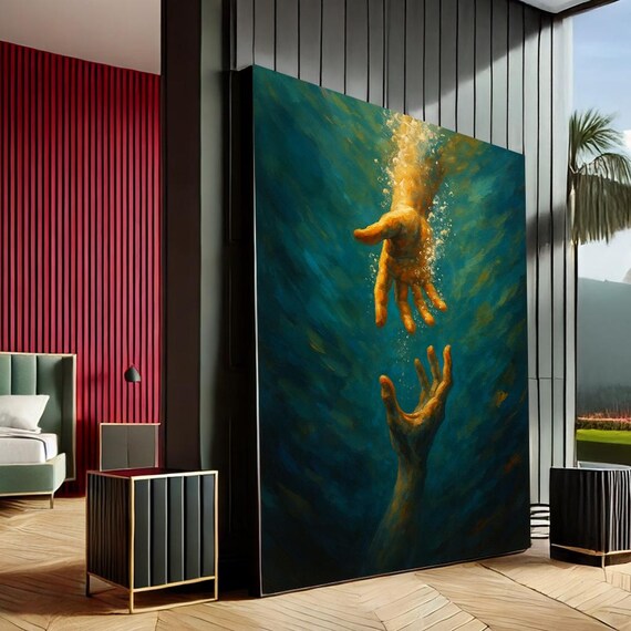 Two Reaching Hands Teal Gold Abstract Connection Hope Art Poster