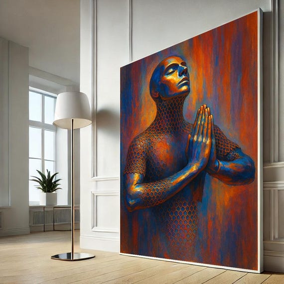 Bold Praying Figure Abstract Canvas Wall Art Print Vibrant Living Room Decor Statement Piece