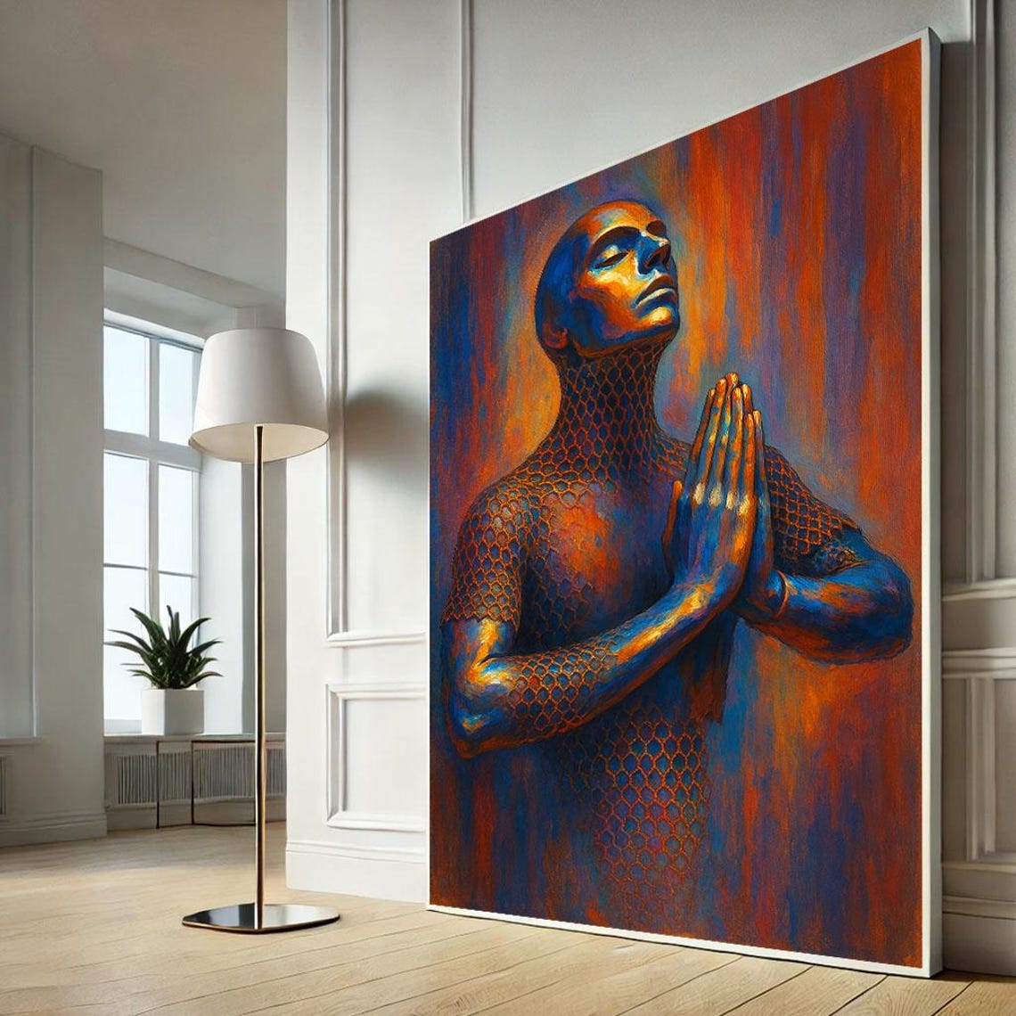 Bold Praying Figure Mosaic Skin Blue Orange Spiritual Canvas Poster