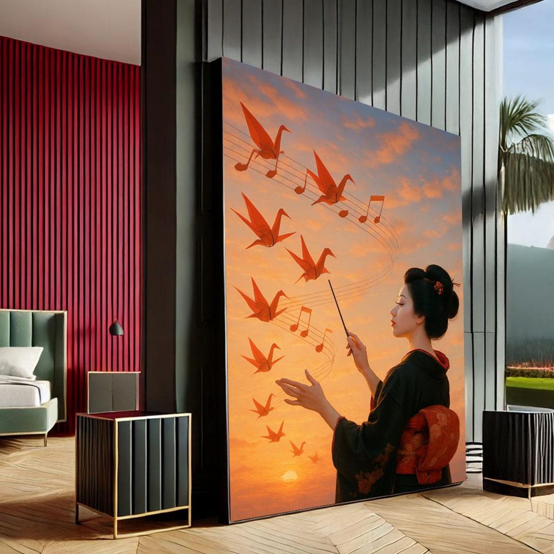 Geisha Conducting Origami Cranes Sunset Music Notes Japanese Wall Art