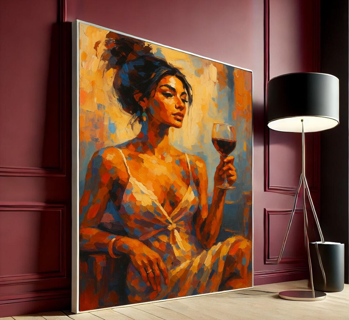 Elegant Woman Red Wine Glass Impressionist Oil Painting Portrait Poster
