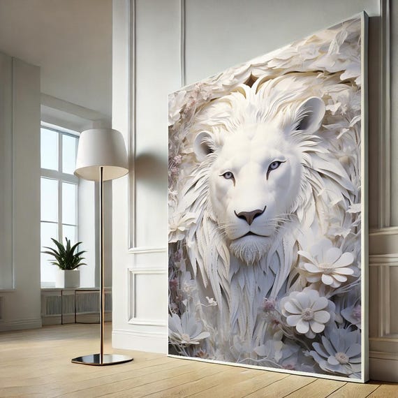 Majestic White Lion Portrait Canvas Wall Art Print Elegant Living Room Decor Statement Piece