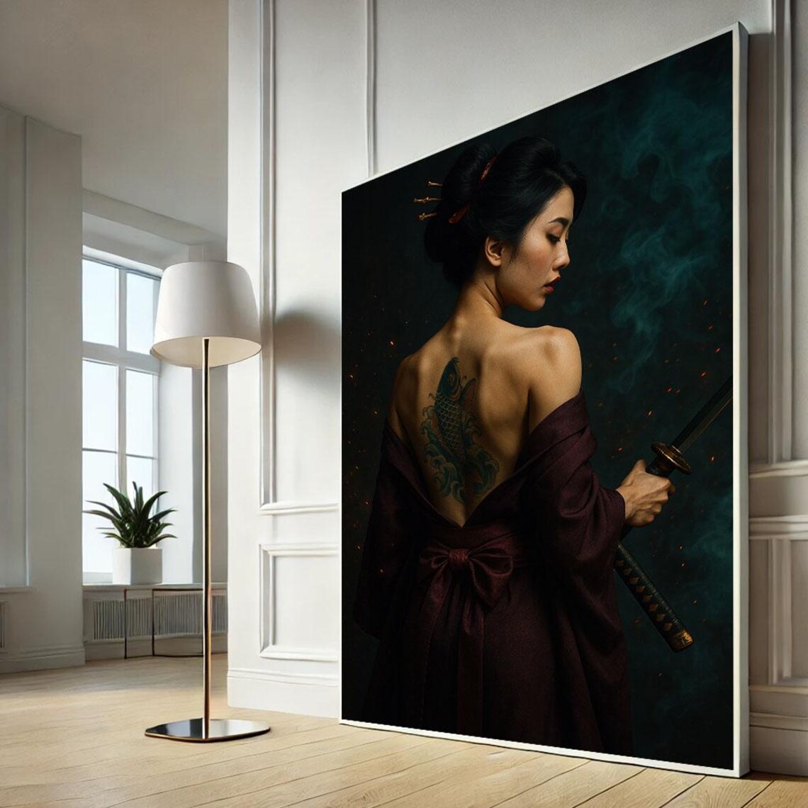 Katana Warrior Woman Koi Back Tattoo Dark Japanese Poster Art