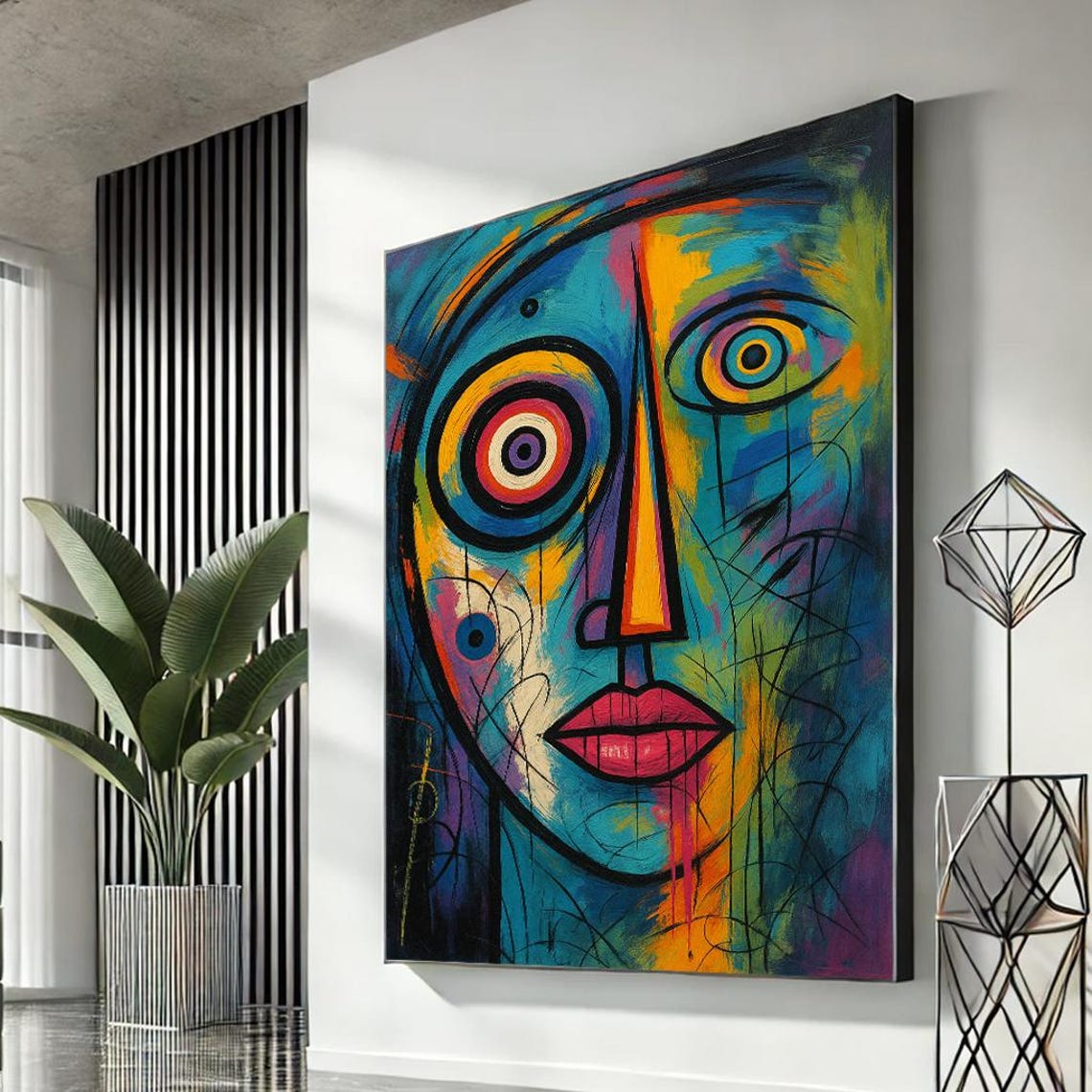 Colorful Abstract Face Bold Expressionist Cubist Style Modern Wall Art