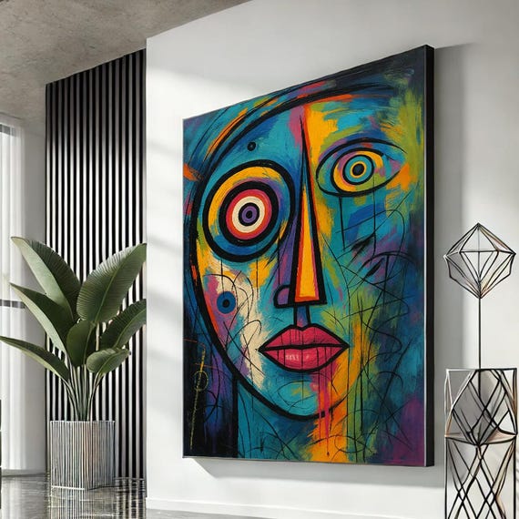 Vibrant Abstract Face Canvas Art Bold Colorful Expressionist Wall Decor For Living Room Modern Artistic Home Accent