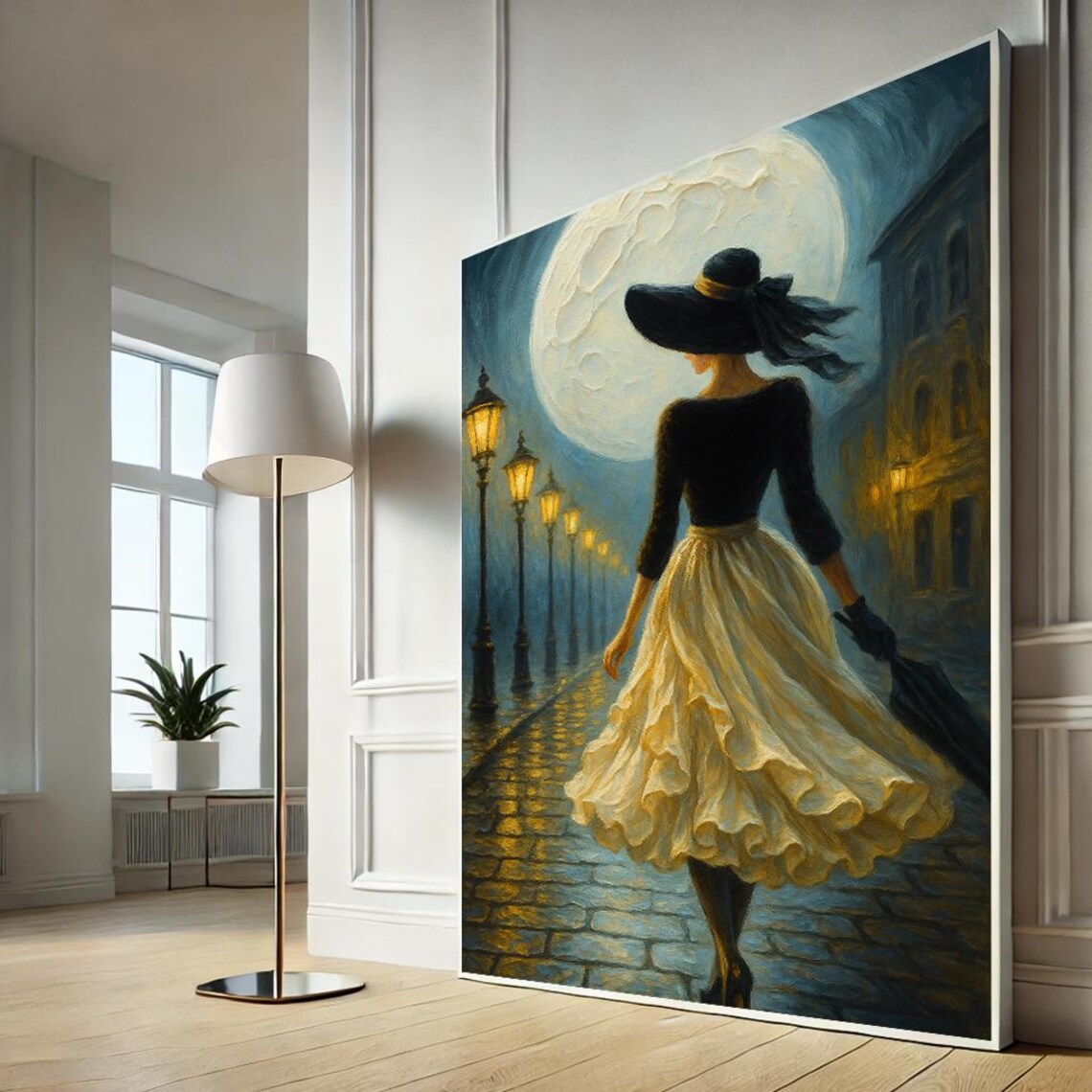 Woman in Flowing Skirt Under Full Moon Lamplit Street Impressionist Print