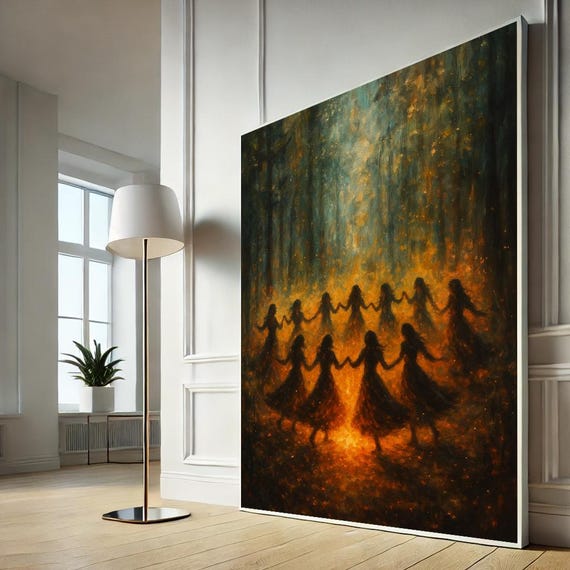 Mystical Forest Dance Canvas Pagan Witches Circle Wall Art Spiritual Night Ritual Print Ready To Hang Decor