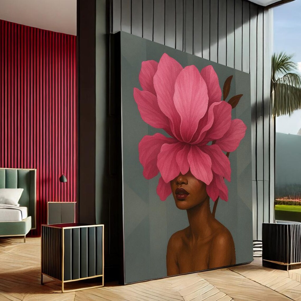 Woman With Giant Pink Flower Modern Portrait On Green Background Wall Art