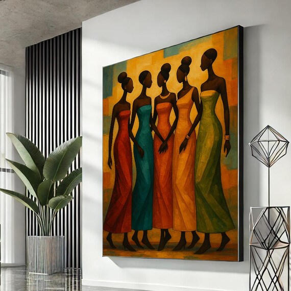 Elegant African Women Colorful Dresses Abstract Canvas Wall Art