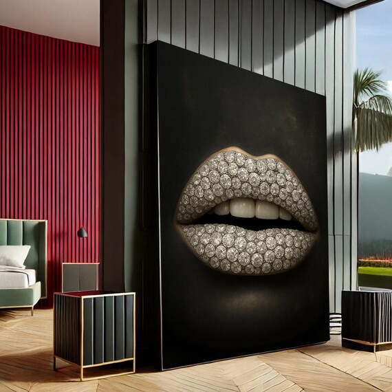 Diamond Crystal Lips Black Background Glam Modern Fashion Art Print