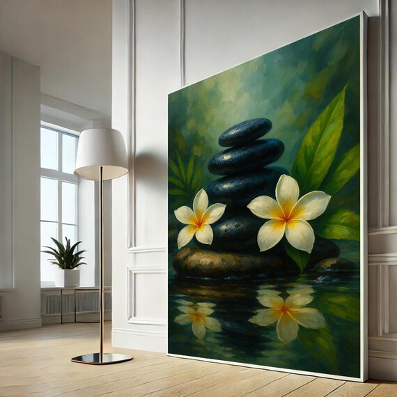 Zen Spa Stones And Plumeria Flowers Canvas Wall Art Tranquil Nature Print For Calm Home Decor