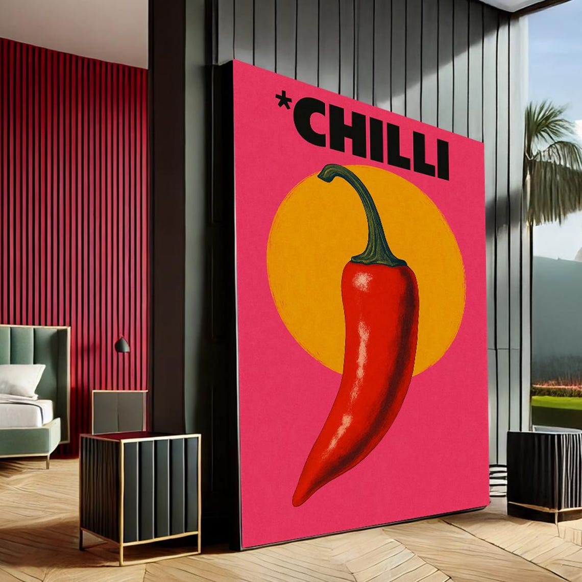 Bold Red Chilli Pepper Pop Art Hot Pink Yellow Retro Kitchen Poster