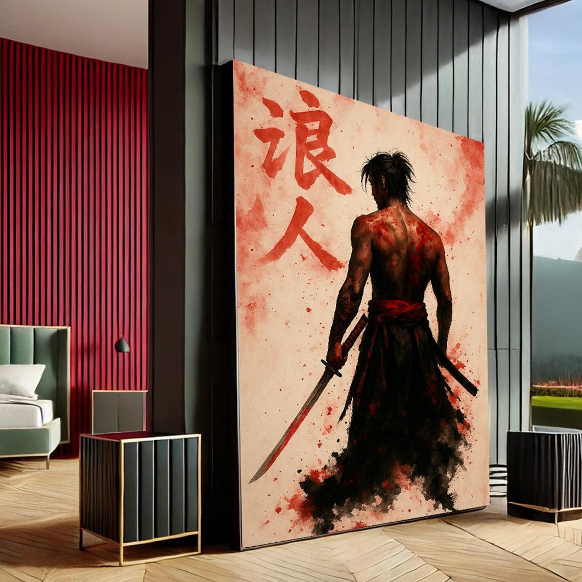 Japanese Ronin Samurai Warrior with Katana Red Ink Splatter Wall Print