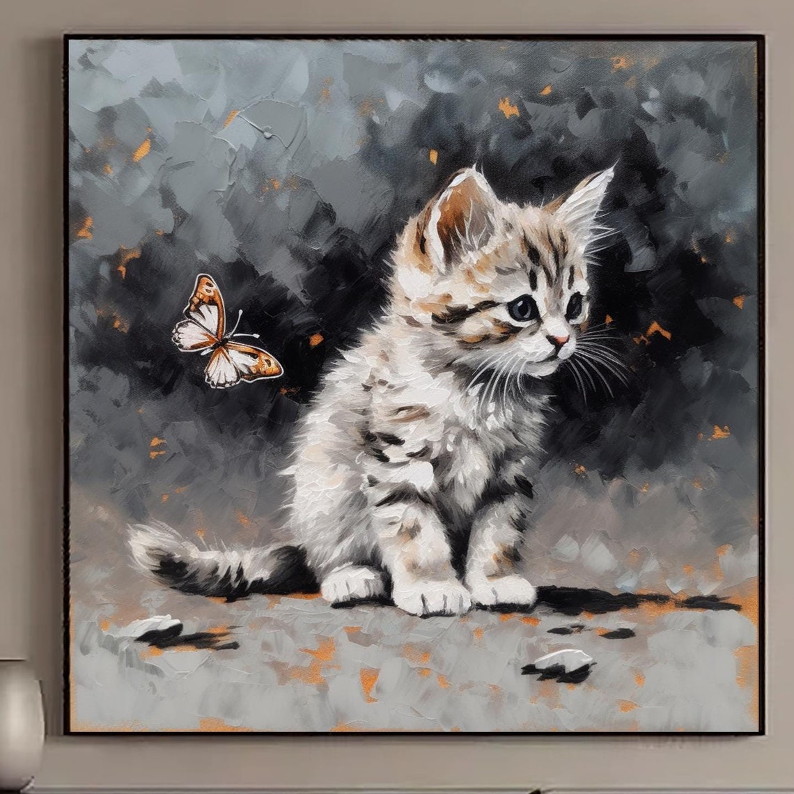 Gray Cat And Butterfly Oil Painting Pet Portrait Oil Impasto Painting Cat Portrait Wall Art Young Cat Pet Animal Painting For Cat Lover Gift