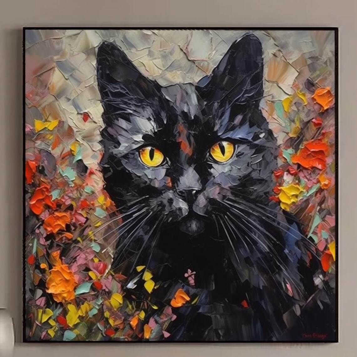 Black Cat Golden Eyes Autumn Flower Garden Impasto Oil Painting Art Print - Image 4