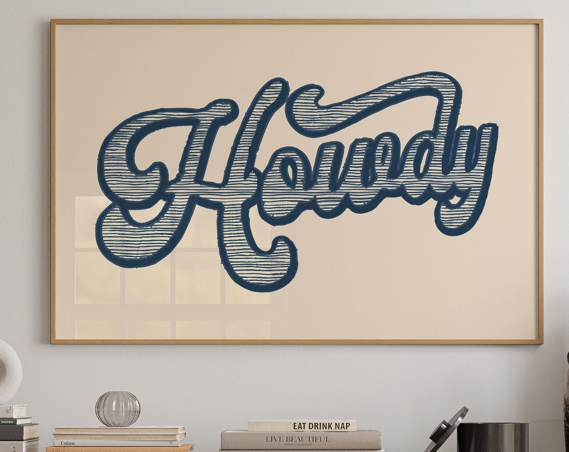 Howdy Retro Striped Script Navy Lettering Western Welcome Art Poster