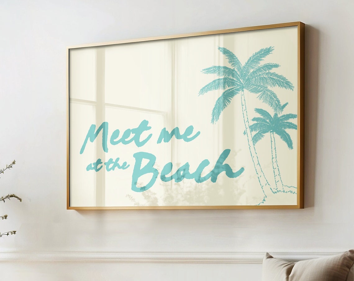 Meet Me At The Beach Palm Trees Turquoise Script Coastal Wall Art