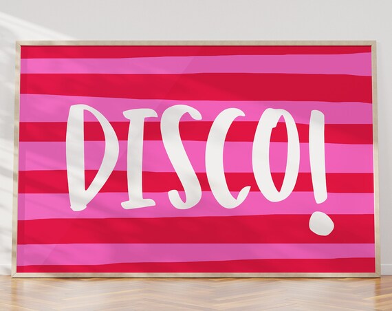 Disco Exclamation Pink Red Striped Retro Typography Wall Art Poster