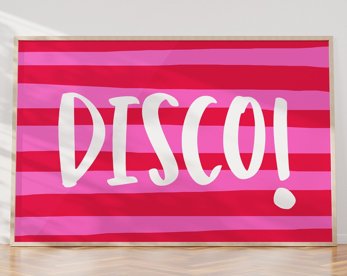 Disco Exclamation Pink Red Striped Retro Typography Wall Art Poster