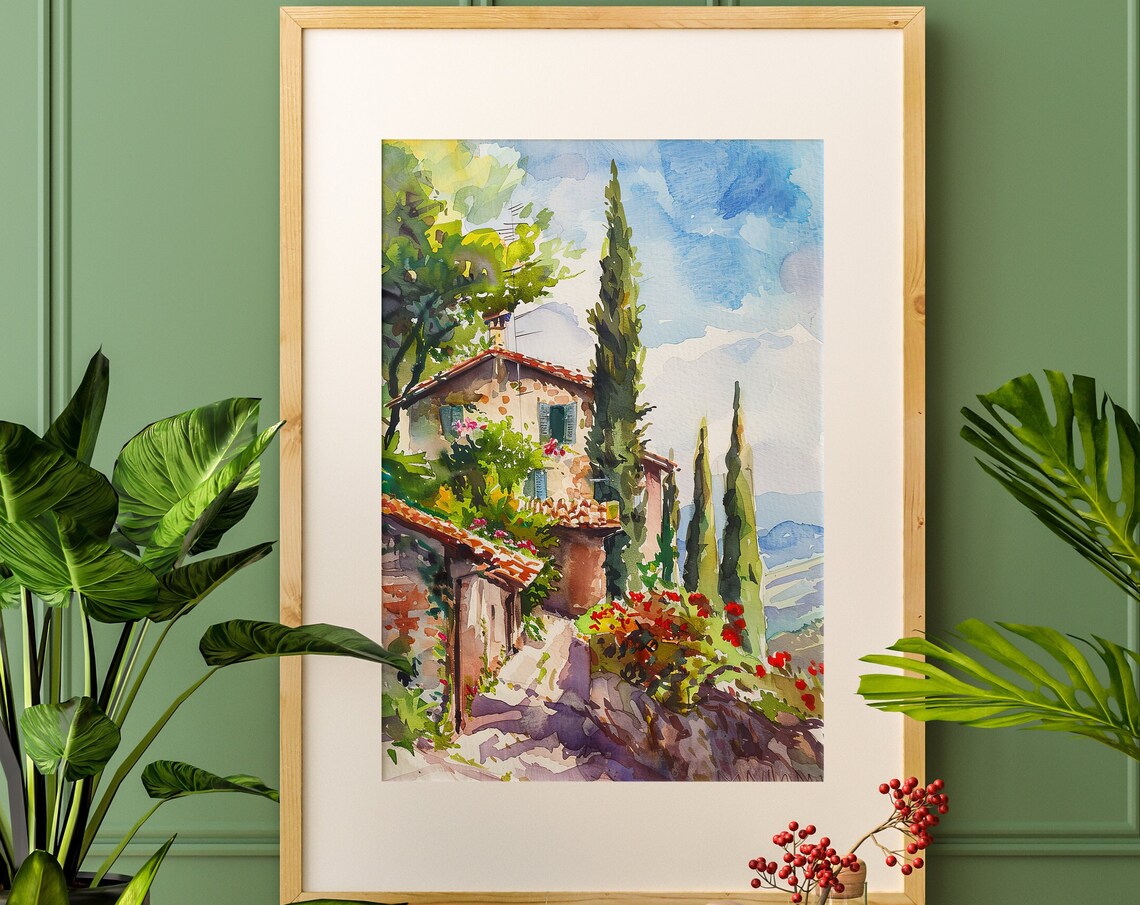 Italian Hillside Villa Watercolor Cypress Trees Flower Art Poster - Image 5