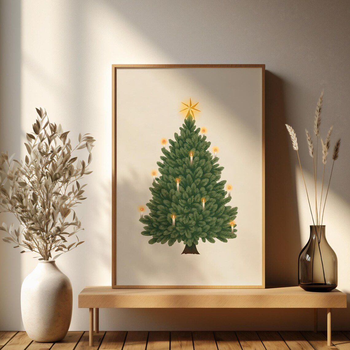Illustrated Christmas Tree Lit Candles Gold Star Holiday Art Poster - Image 2
